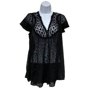 Rain-Women's Large Black Crocheted Pullover Top Polka Dot V-Neck Light Weight